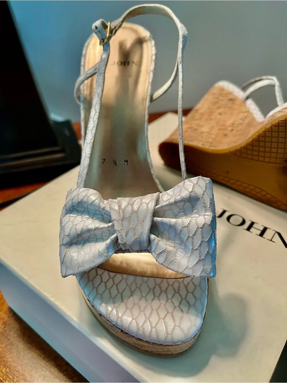 St. John White Textured Bow Wedge Sandals